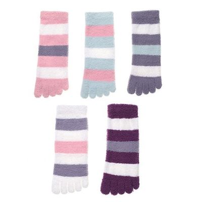 Anti Slip Ladies Coral Fleece Five-Finger Winter Thick Cozy Striped Five Toes Daily Socks