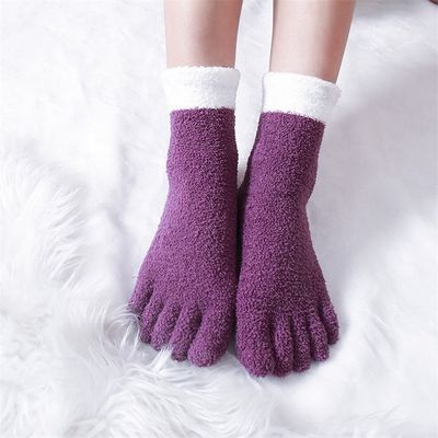 Anti Slip Ladies Coral Fleece Five-Finger Winter Thick Cozy Striped Five Toes Daily Socks