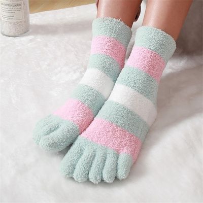Anti Slip Ladies Coral Fleece Five-Finger Winter Thick Cozy Striped Five Toes Daily Socks