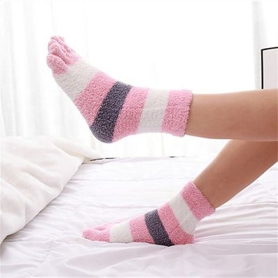 Anti Slip Ladies Coral Fleece Five-Finger Winter Thick Cozy Striped Five Toes Daily Socks