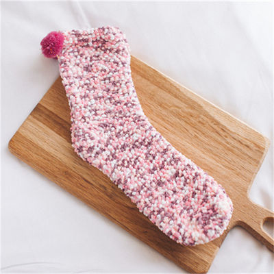 Anti-slip Beauty Socks Winter Sleep Warm Fluffy Coral Fleece Colorful Ball Dot for Women