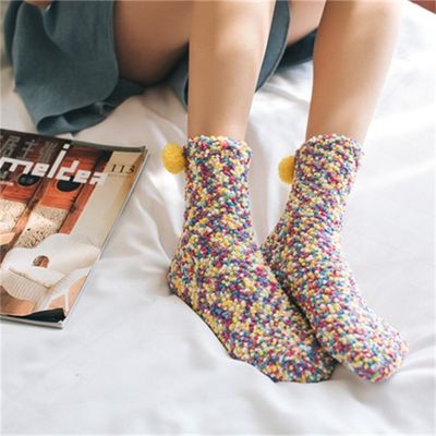 Thick and Warm Ladies Plush Balls Thermal Socks Lovely Coral Fleece Winter Home Socks