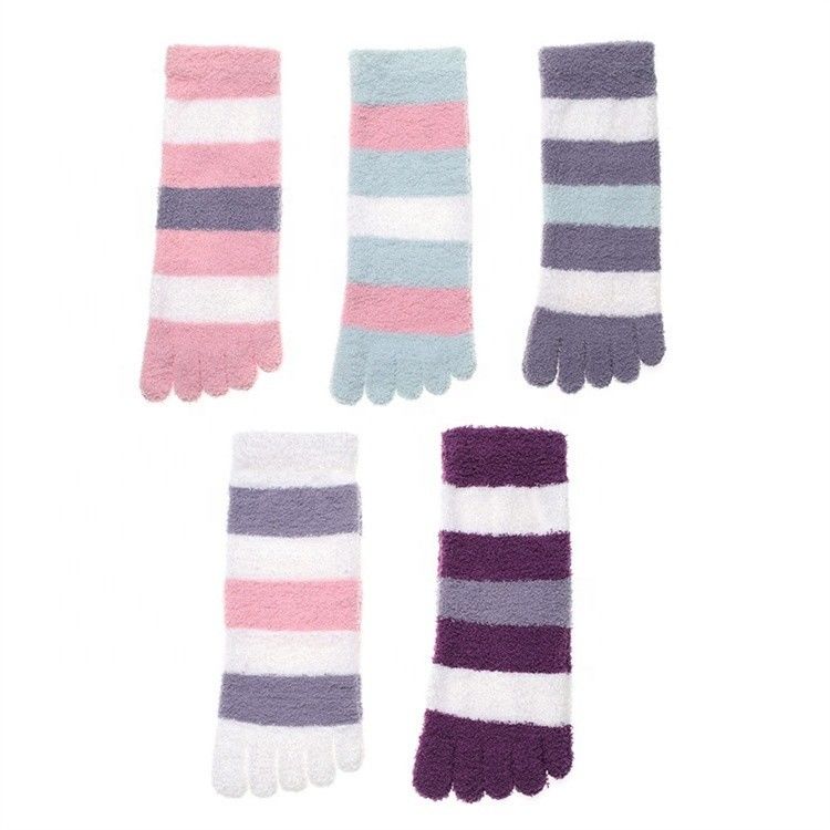 Anti Slip Ladies Coral Fleece Five-Finger Winter Thick Cozy Striped Five Toes Daily Socks