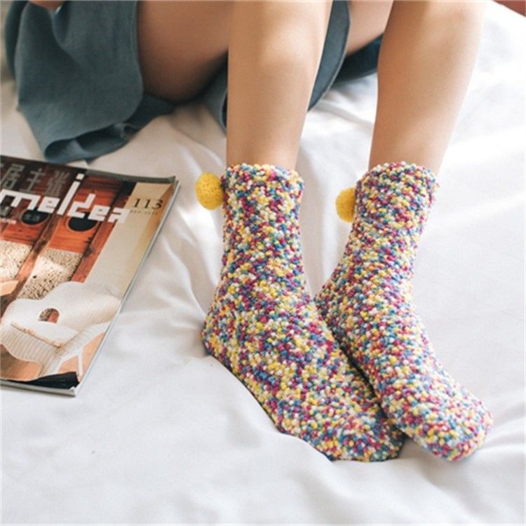 Thick and Warm Ladies Plush Balls Thermal Socks Lovely Coral Fleece Winter Home Socks
